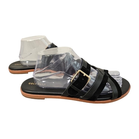 Cole Haan Shoes - Cole Haan Womens Black Leather Suede Sandals 10.5 Strappy Buckle Flat Casual